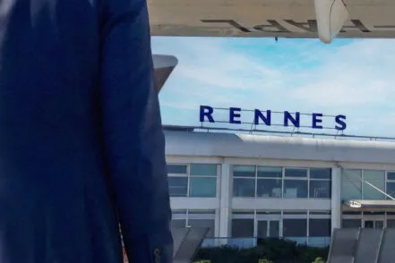 Rear view of a man leaving a plane and heading toward the terminal at Rennes airport.