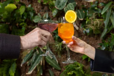 Mains trinquant avec des cocktails colorés devant le mur végétal de l’hôtel.