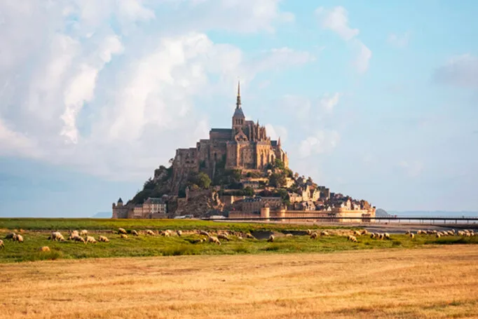 Mont-Saint-Michel vu au loin depuis les champs, avec son abbaye dominant les remparts sous un ciel lumineux.
