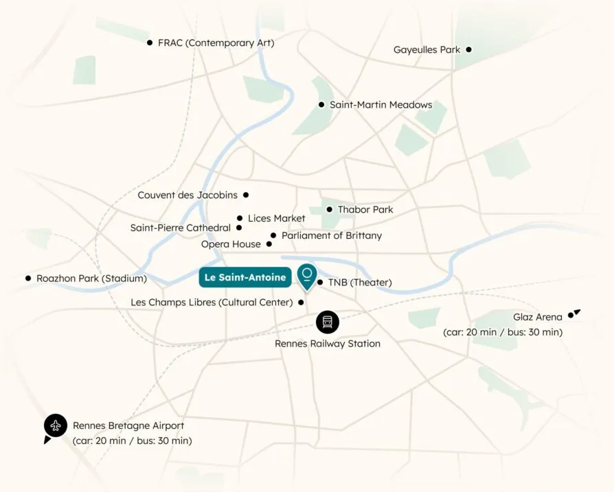 Map of Rennes, showing the central location of Le Saint-Antoine Hotel and Spa, and other points of interest.