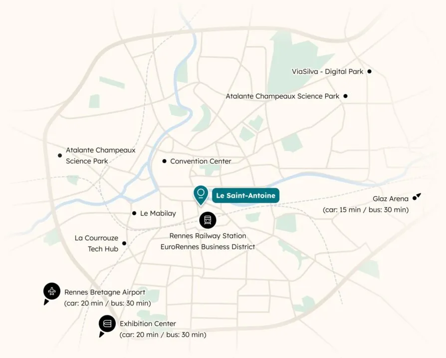 Map of Rennes, showing the location of Le Saint-Antoine Hotel and Spa, and other points of interest for professionals.