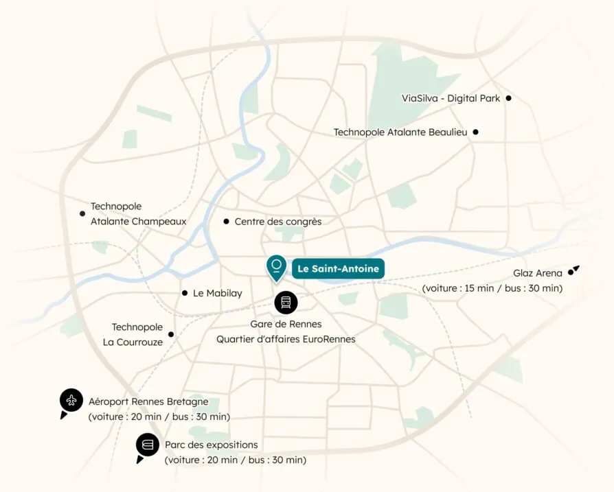 Carte de Rennes, indiquant la position centrale de l'hôtel, notamment de la gare et de tous les centres d'intérêt de la ville pour les professionnels.