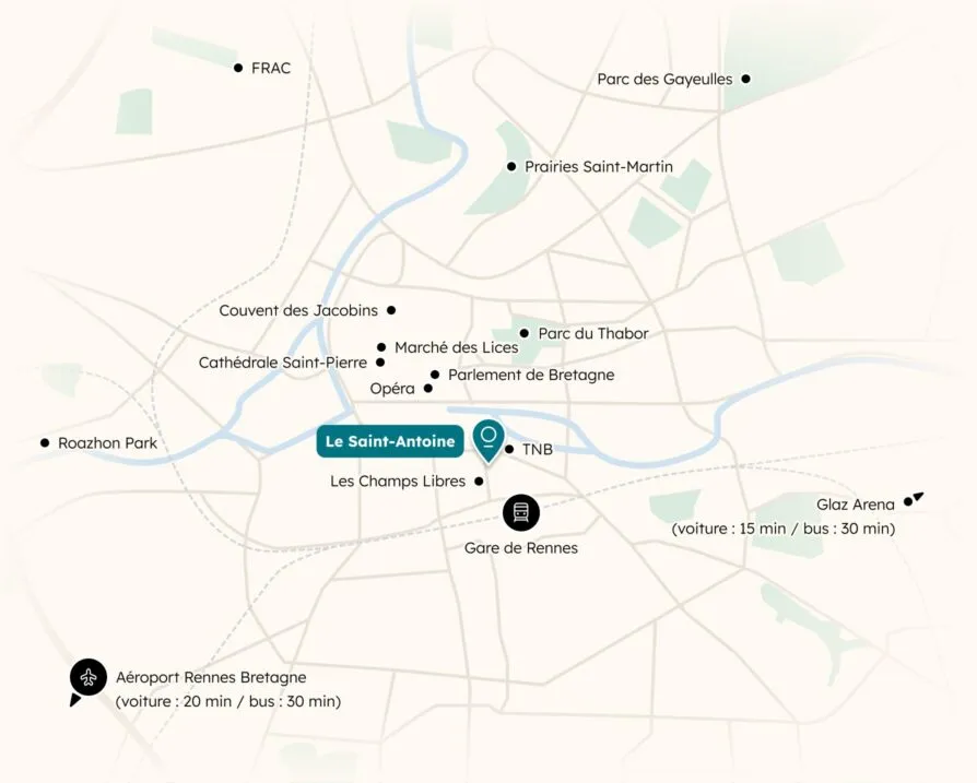 Carte de Rennes indiquant la position centrale du Saint-Antoine, et sa proximité avec la gare et tous les points d'intérêt de la ville.